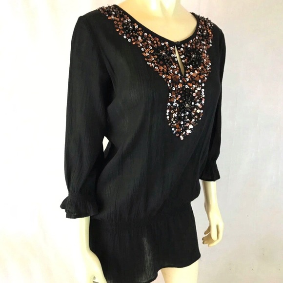 Chicos Top 3 (XL) Pullover Gauzy Sheer Black Elastic Waist Sequins Beaded Blouse - Picture 2 of 16